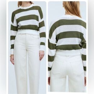 Madewell Loose Open Knit Crewneck Lightweight Sweater White Green Stripe NWT XS